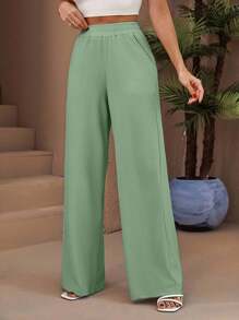 EURMUSE PANTALON TEXTURÉ À JAMBE LONGUE ÉVASÉE AVEC TAILLE HAUTE ÉLASTIQUE ET CORDON DE SERRAGE - Vert menthe - Voir 7