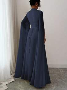 Elenzga Váy đi biển phong cách Pháp lãng mạn thanh lịch dành cho nữ, vải voan mỏng, cổ khoét sâu, dây buộc chéo sau lưng, chân váy maxi xòe, tay dài, xẻ tà, thích hợp cho tiệc trà chiều, tiệc tùng, phong cách Trung Đông, xuân/hè - Màu xanh hải quân - Xem 2