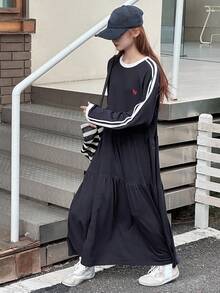 DAZY 少女 A 字连衣裙，宽松休闲小图案刺绣撞色丝带，秋季 - 藏蓝色 - 查看 5