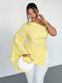 Firerie 加大码女式优雅新款时尚海滩度假休闲不对称肩部超长袖腰部褶饰金属装饰黄色衬衫 - 黃色 - 查看 5