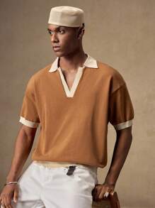 AKNOTIC Men's Casual Polo Collar Short Sleeve Knit Top - Apricot - View 3