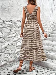 SHEIN Clasi Women's Sleeveless Geometric Print Dress With Ruffled Hemline Maxi Women Outfit - Khaki - View 2