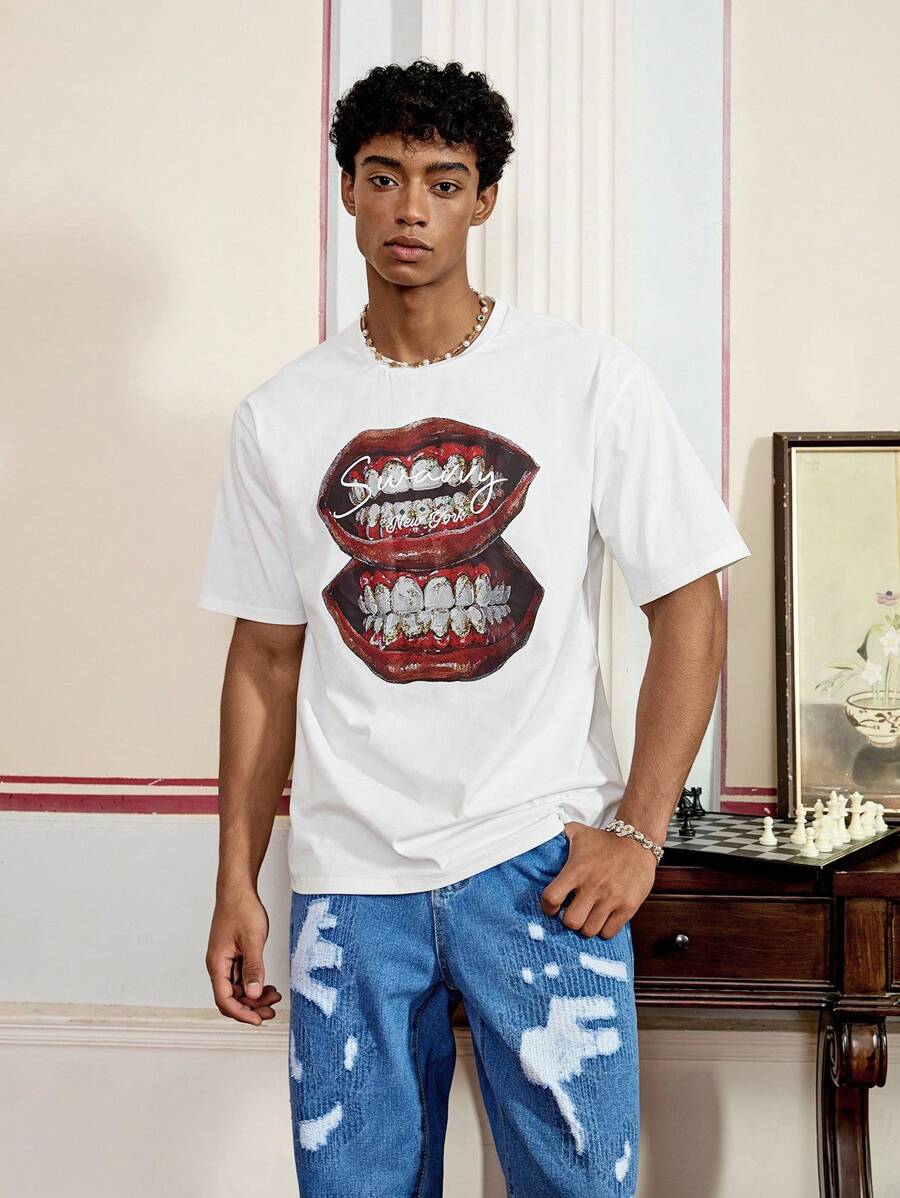 Manfinity VCAY 嘻哈街头服饰男士白色宽松T恤嘴唇图案设计圆领短袖T恤 - 白色 - 查看 1