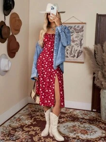 LanaWest 滿版印花胸部褶皺下擺開叉吊帶洋裝 - 酒紅色 - 查看 1