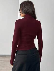 SHEIN EZwear Encore 红色针织高领紧身长袖T恤女款长袖上衣高领上衣，红色紧身上衣 - 酒紅色 - 查看 2
