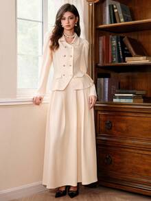 SHEIN MOD Women's Apricot Puff Sleeve Double-Breasted Cinched Waist Blazer And A-Line Skirt Set In Fall/Winter - Apricot - View 3