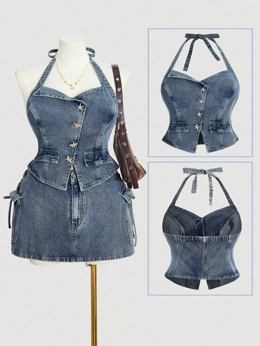 SHEIN MOD 大码女式牛仔美式复古挂脖背心夹克 - 中等水洗藍 - 查看 1