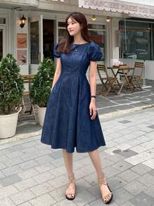 DAZY Women's Solid Color Round Neck Waisted Puff Sleeve A-Line Short Denim Dress Summer