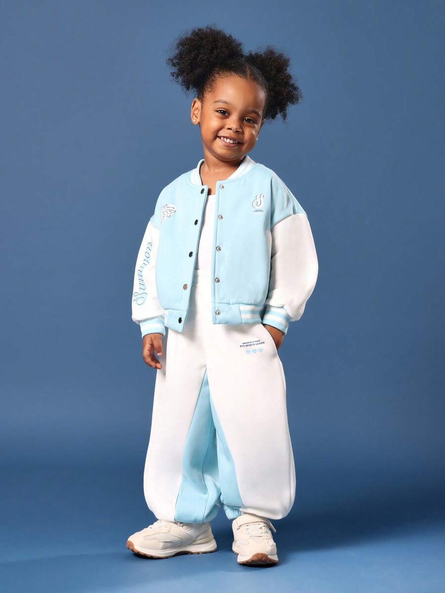 SUMWON Girls Two Piece Varsity Jacket Style Co-Ord Set With Jogger Pants Winter Back To School Spring Fall Streetwear Casual Daily Fashion - Blue - View 1