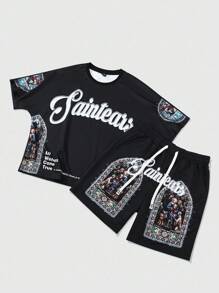 ROMWE MEN Street Life Set Kaos Lengan Pendek dan Celana Pendek Pria Motif Yesus Bahasa Inggris, Model Batwing, Tema Halloween - Hitam - View 4