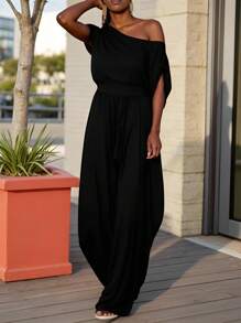 SHEIN Plus Size Women's Solid Color Oblique Shoulder Pocket Pleated Loose Jumpsuit - Black - View 3