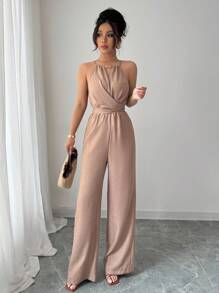 Elenzga Mono largo informal de mujer para primavera/verano de tela arrugada caqui con escote halter, cuentas en la cintura, diseño con botones y cordón