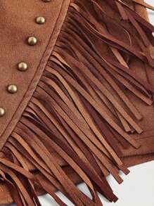 SHEIN MOD Vintage 70s Asymmetric Placket Shorts With Fringe Trim, Nomad Apparel, Bohemian Style, Western Wear, Date Party, Holiday , Country Concert Fringe Shorts Western Shorts Tassel Shorts Cowgirl Shorts Brown Suede Shorts - Khaki - View 5