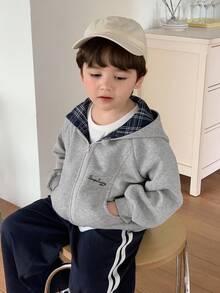 DAZY Kids Fall Clothes, Young Boys Thermal Lined Jacket, Patchwork Plaid Hooded, Casual Loose Fit, Letter Print, Minimalist Style, Autumn