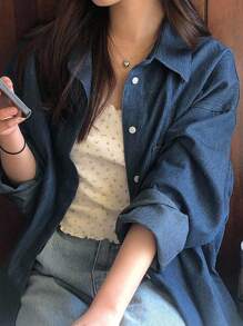 DAZY 女士分层设计独特牛仔衬衫、通勤休闲上衣、牛仔夹克、秋季女装 - 深色水洗藍 - 查看 1