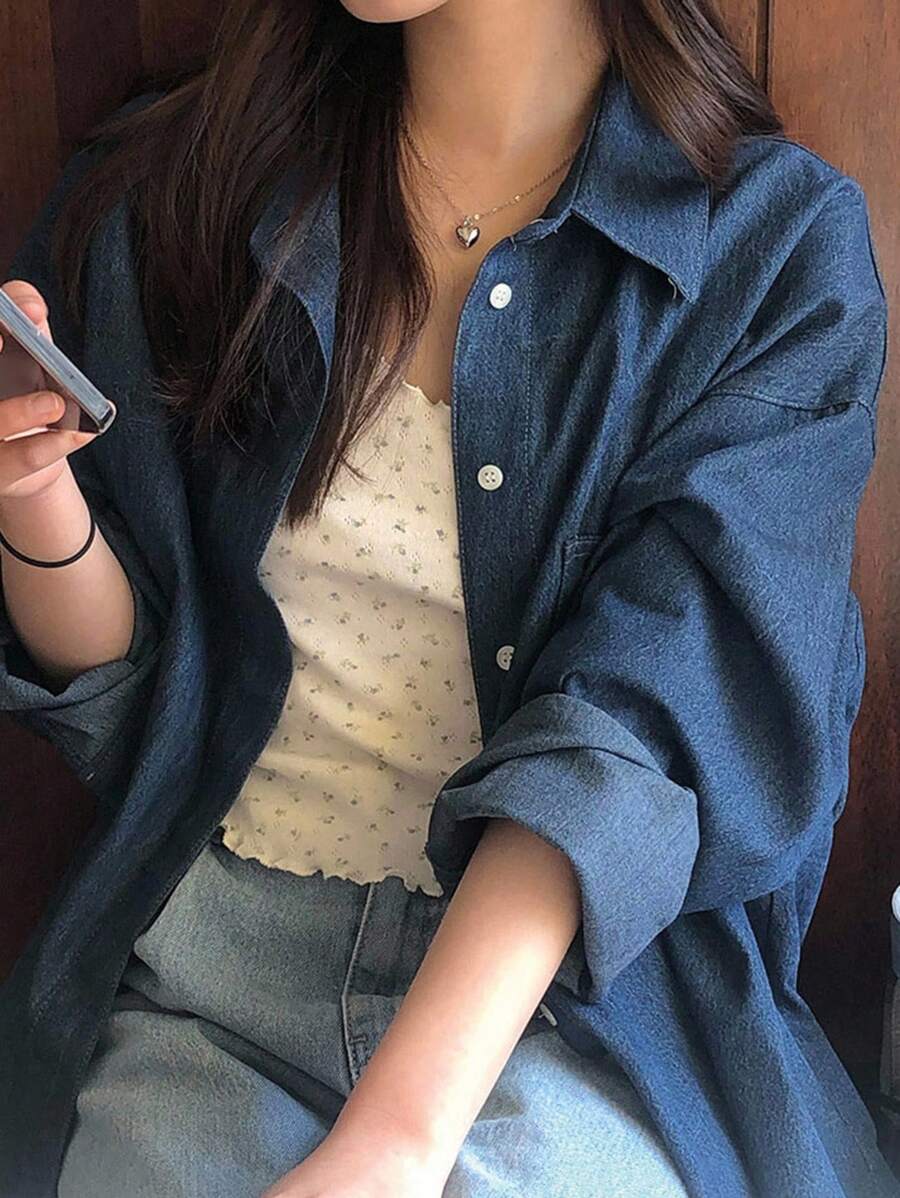 DAZY 女士分层设计独特牛仔衬衫、通勤休闲上衣、牛仔夹克、秋季女装 - 深色水洗藍 - 查看 1