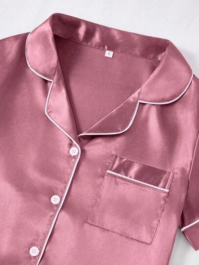 Women Contrast Faux Zijden Pajama Set view 4