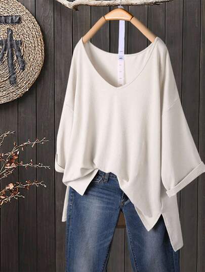 SHEIN Plus Size Women Apricot V-Neck Side Slit Loose Casual T-Shirt With 3/4 Sleeves