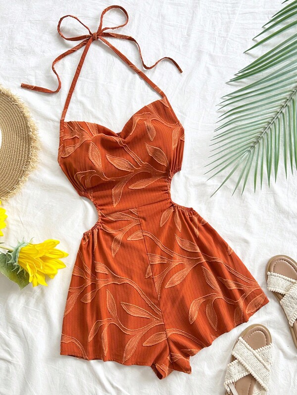 Soleia Women's Vacation Halter Tie-Up Cut-Out Waist Loose Romper, Bohemian, Boho, Romantic Floral, For Vacation Terracotta Dress Orange Vacation Dress Orange Beach Dress Summer Dress Orange Summer Dress