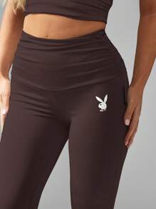 Missguided x Playboy 高腰喇叭瑜伽裤收腹弹力喇叭裤紧身裤秋冬时尚休闲装 - 巧克力棕 - 查看 5