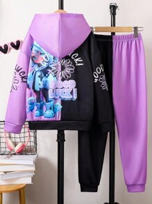 Sparklyn Tween Girls 休闲“Lucky Gamer Girl”3D 数码印花连帽运动衫，舒适运动风格连帽衫套装，适合秋冬 - 彩色 - 查看 2