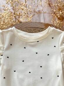 SHEIN 年轻女孩心形图案圆领羊腿袖休闲T恤 - 白色 - 查看 3