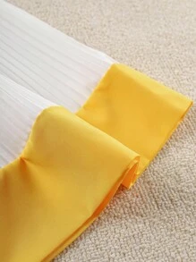 DreamSkyne 大码女式优雅撞色下摆超长黄色半身裙，法式百褶 A 字裙，适合春秋季节、教师装、女士日常通勤 - 白色 - 查看 5