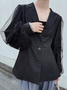 FRIFUL Women's Solid Color Lapel Neck Splice Mesh Long Sleeve Elegant Blazer, Fall Women Clothes Jackets For Women Jacket For Women Cropped Blazer Black Blazer Women Mesh Sleeve Blazer Black Crop Jacket Blazers For Women Sheer Sleeve Blazer Business Attire
