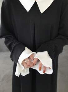 FRIFUL Women's Color Block Long Sleeve Loose Oversized Dress Black Dress Women Modest Dress Funeral Dress Church Dress Prayer Dress