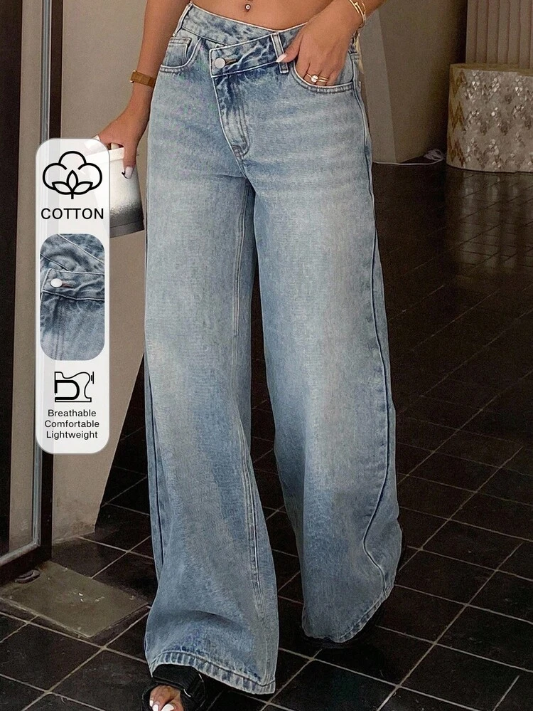 Women Tall Asymmetrical Front Loose Casual Straight-Leg Pants, Leisure Street Style Jeans