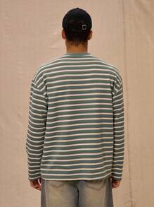 Musero Men Relaxed Fit Crew Neck Graphic Letter Print Striped Long Sleeved Top Autumn Winter - Blue and White - View 3