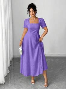Elenzga Plus Size Women's Elegant French Style Square Neck Short Sleeve Dress, Suitable For Commuting - Purple - View 1