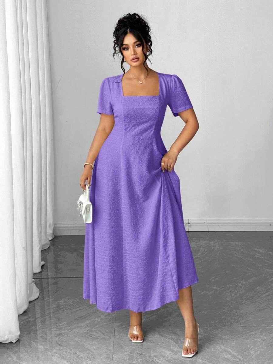 Elenzga Plus Size Women's Elegant French Style Square Neck Short Sleeve Dress, Suitable For Commuting - Purple - View 1