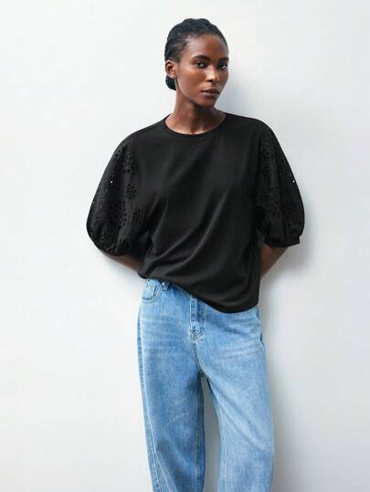 Maija 女式黑色梭织刺绣公主袖拼布 T 恤，休闲舒适，适合度假、节日、郊游、返校、商务休闲、办公室穿着泡泡袖上衣女式孔眼上衣女式带袖上衣黑色泡泡袖上衣孔眼袖上衣女式孔眼上衣