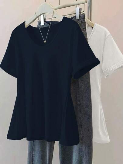 SHEIN 大码纯色圆领短袖休闲夏季百搭T恤