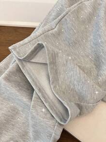 SHEIN PETITE Women's Fashion Casual Rhinestone Embellished High Waist Drawstring Sweatpants, Petite Fall Cloth For Women - Grey - View 6