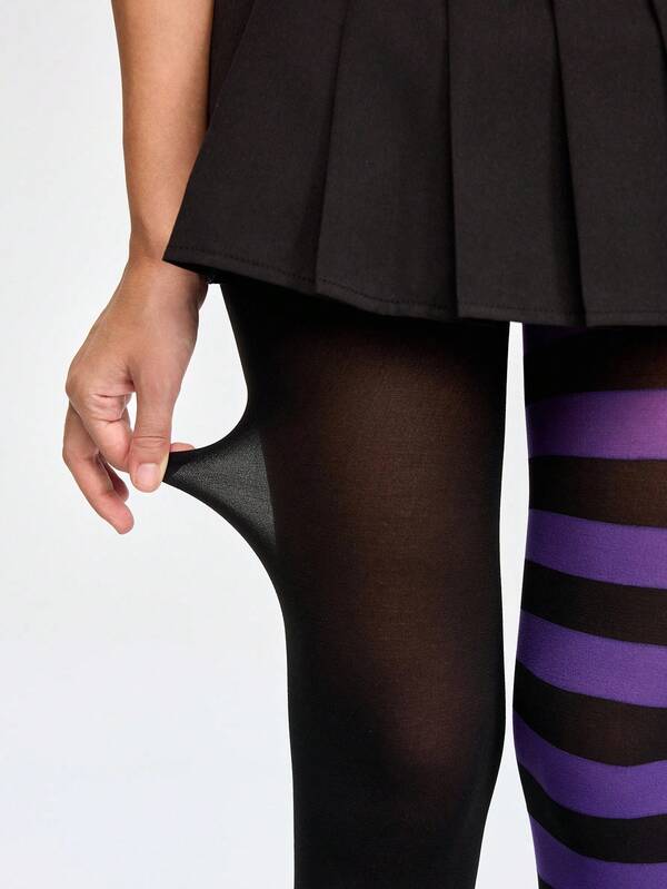 ROMWE Grunge Punk 1 Paio di Collant a Strisce AB e Tinta Unita in Stile Rock Scuro