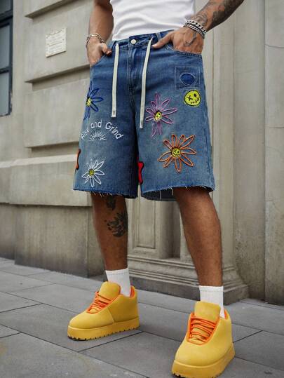 Street Life Men's Floral Embroidered Pocket Loose Bermuda Denim Shorts
