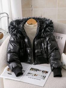 SHEIN 1pc Tween Girl High Waist Short Fitted Padded Coat, Detachable Furry Collar Hooded Casual Padded Coat For Autumn/Winter Fall