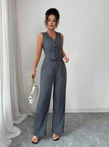 Chiquease 女士流行條紋無袖西裝外套和長褲套裝