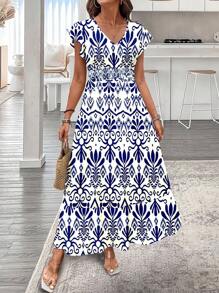 SHEIN LUNE 褶皱荷叶边飘逸袖收腰喇叭豹纹连衣裙，休闲度假优雅飘逸波西米亚风女装，适合春夏季 - 彩色 - 查看 2