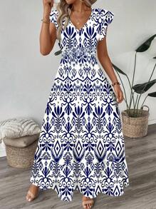 SHEIN LUNE 褶皱荷叶边飘逸袖收腰喇叭豹纹连衣裙，休闲度假优雅飘逸波西米亚风女装，适合春夏季 - 彩色 - 查看 4