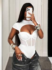 BamGleam 春夏季日常休闲性感度假鱼骨网小高领女士紧身衣 - 白色 - 查看 5