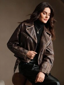 Vintage Distressed Washed PU Leather Jacket, Suitable For Fall, Autumn, Winter, Elegant, Chic, New Year, Casual - Brown - View 4