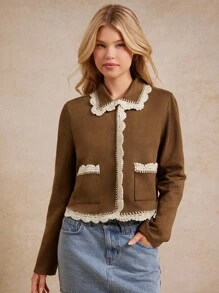 WESTFADE Faux Suede & Crochet Lace Collared Button Front Boxy Jacket Back To School Country Western Fall Vintage - Brown - View 4