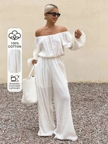 Livesso 新款秋季宽松休闲度假棉麻露肩女装两件套 - 白色 - 查看 1