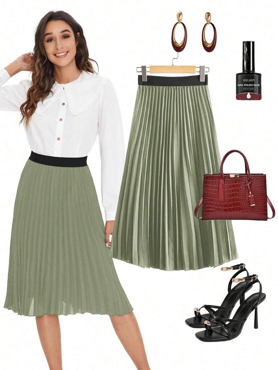 Ellevyn Women's Fashion Casual Elegant Contrast Color Pleated Midi Skirt