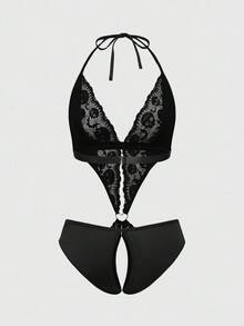 ROMWE Goth Bodysuit Sexy com Recorte na Entreperna e Detalhe em Renda Estilo Gótico - Preto - Visão 2