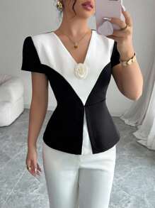 Elenzga Black & White Color Block 3D Rose Flower Elegant Blouse - Black and White - View 3