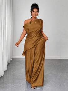 Maweii Plus Size Women's Fashion Casual Asymmetric Shoulder Top & Loose Pants 2 Pieces Set - Coffee Brown - View 1